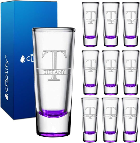 Personalized Shot Glasses Set of 10 Purple Bottom Custom 2 oz Cordial Shot Glass Initial and Name for Gifts, Weddings, Birthdays, Party, Event, Decorations