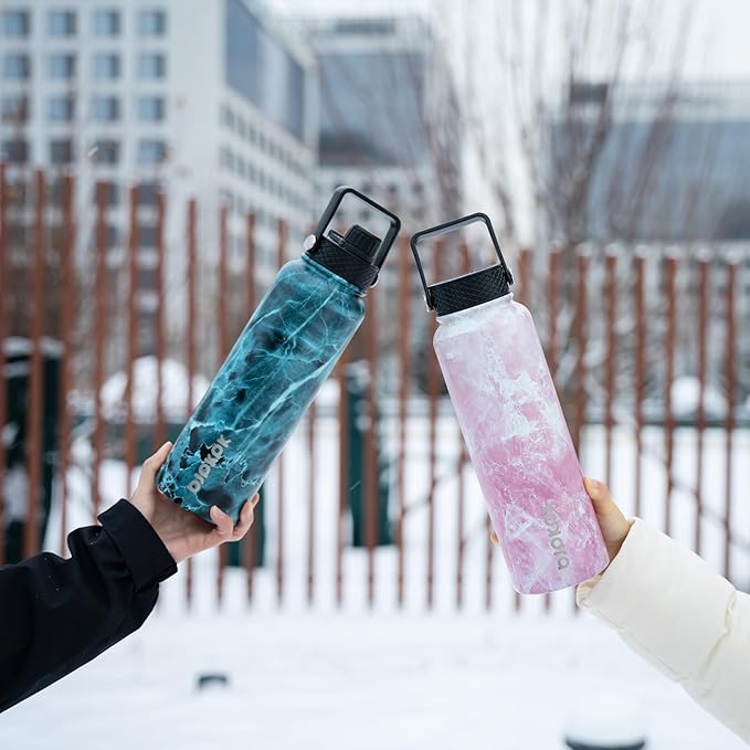 BJPKPK 2 Pack Insulated Water Bottles with Straw Lids, 40oz Stainless Steel Metal Water Bottle with 6 Lids, Leak Proof BPA Free Jugs, Cups, Flasks for Travel, Sports (Blossom+Ocean)