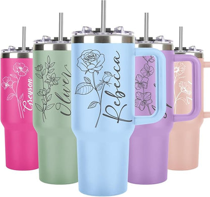 Personalized 40 Oz Tumbler with Handle Made in USA Custom Tumbler with Name & Birth Flower Month, Stainless Steel Travel Coffee Mug Cup, Birthday Gifts Personalized Gifts for Women Men