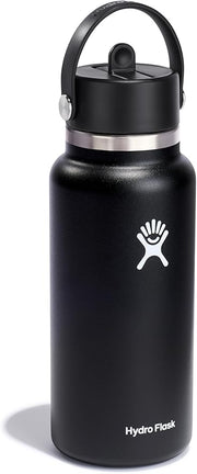 Hydro Flask Water Bottle - Insulated Stainless Steel - Wide Straw Lid, Non Spill, Leakproof in 32 Oz Black