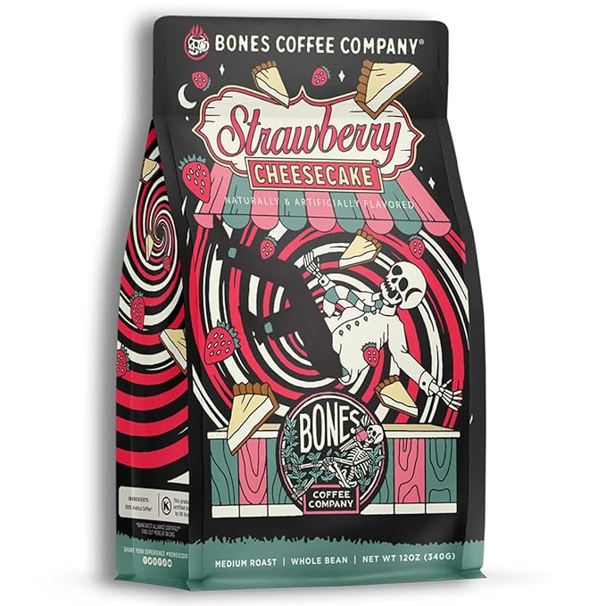 Bones Coffee Company Strawberry Cheesecake Flavored Coffee, Medium Roast Low Acid Arabica Beans Compatible with Auto drip and French Press Coffee Maker, 12 Oz Whole Bean