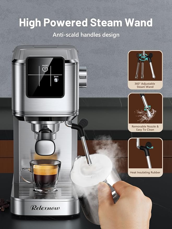 Espresso Machine, 20 Bar Professional Espresso Coffee Maker with Milk Frother Steam Wand, Hot & Iced Coffee Machine, Compact Stainless Steel Coffee Machine for Cappuccino,Latte,Cold Brew