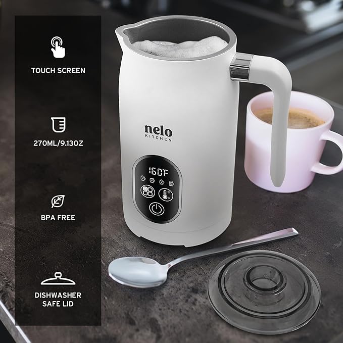 NELO Electric Milk Frother, 4 In 1 Digital Milk Frother and Steamer with Real-Time Temperature Control, Automatic Frother for Coffee, Latte, Hot Chocolate, Cappuccino, BPA Free Stainless Steel (White)