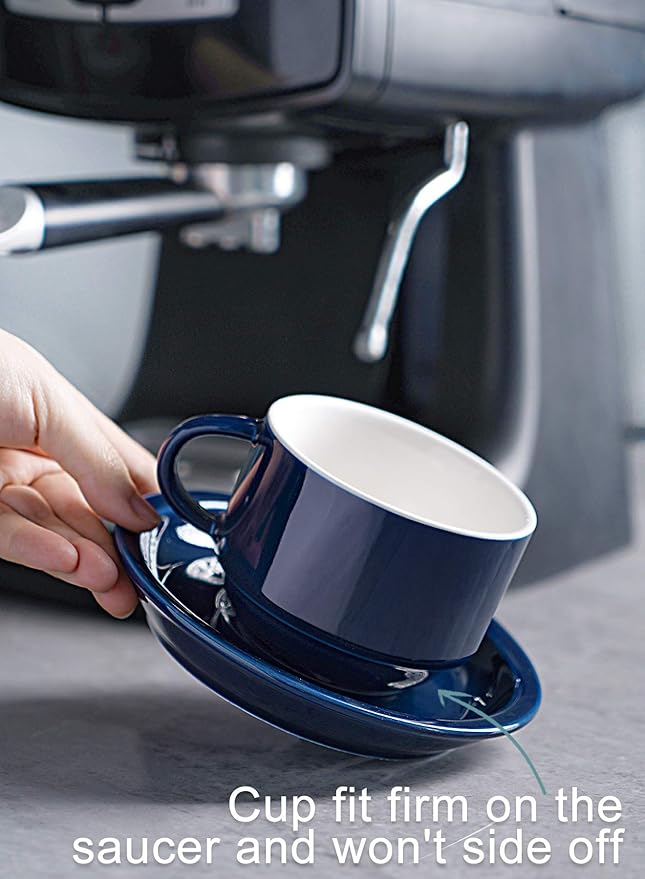 Sweese 8 Ounce Porcelain Stackable Cappuccino Cups with Saucers and Metal Stand - for Specialty Coffee Drinks, Cappuccino, Latte, Americano and Tea - Set of 4, Navy