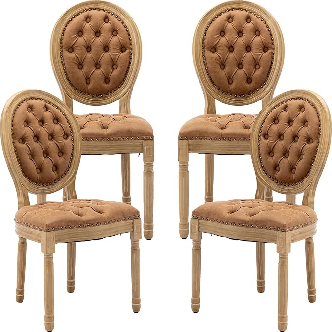 Vintage French Country Dining Chairs Set of 4, PU Leather Dining Chairs with Solid Wood Legs, Orange 4 Dining Chair Set, Sillas para Comedor, Kitchen & Dining Room Chair (Orange, PU, 4Pcs)