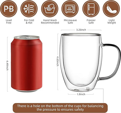 CNGLASS 12oz Double Walled Glass Coffee Mugs,Insulated Glass Mugs with Handle,Clear Espresso Cups for Latte,Cappuccino,Tea Bag,Set of 2