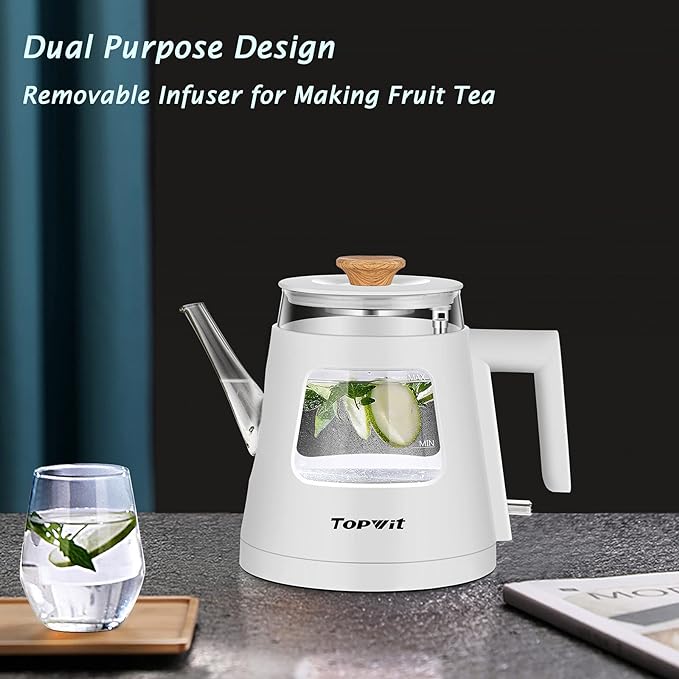 TOPWIT Electric Kettle, 1.0L Electric Tea Kettle with Removable Stainless Steel Infuser, BPA-Free Electric Glass Kettle with Window, Double Wall Water Warmer, Gooseneck, Auto-shut Off, White