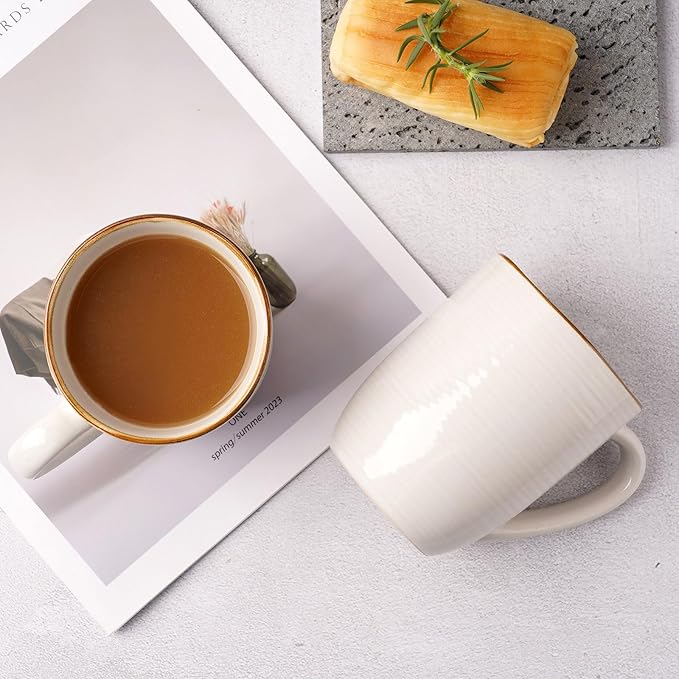 famiware Tempus Coffee Mugs Set of 4, 14 oz Cup Set, Stoneware Mugs with Handle for Coffee, Tea, Cocoa, Milk, Cappuccino, Microwave Safe - Antique White