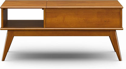 SIMPLIHOME Draper Lift Top Coffee Table - 48 inch Wide Solid Hardwood Mid-Century Modern Cocktail Table in Teak Brown, Functional Living Room Table with Storage Compartment, Open Shelf and Angled Legs