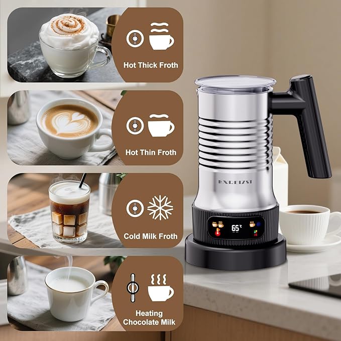 Milk Frother and Steamer, 4 in 1 Milk Frother Electric with LED Temp Display, Warm and Cold Automatic Foam Maker Stainless Steel with Touch Screen for Coffee, Latte, Cappuccino, Hot Chocolate