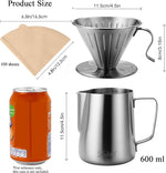 Load image into Gallery viewer, Pour Over Coffee Maker, 304 Stainless Steel wIth 100 pcs Size 02 Cone Paper Filters &amp; 600ml Milk Frothing Pitcher, for Home &amp; Camping