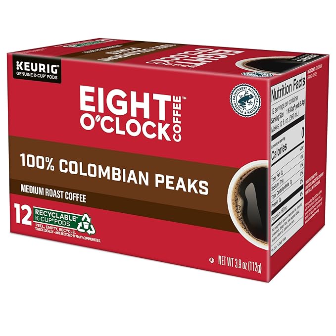 Eight O'Clock Coffee Colombian Peaks, Keurig Single Serve K-Cup Pods, Medium Roast, 12 count, pack of 6