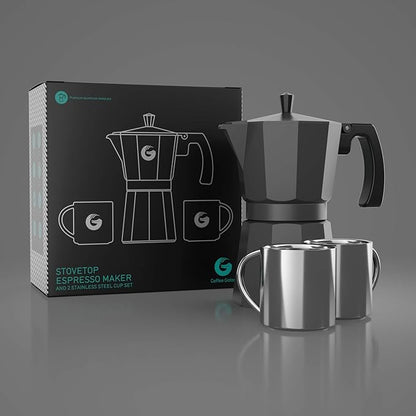 Coffee Gator Moka Pot - 6 Cup, 12oz Stovetop Espresso Maker - Classic Italian and Cuban Coffee Percolator w/ 2 Stainless-Steel Cups – Matte Grey Aluminum, 360ml