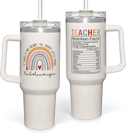 SANDJEST Teacher Appreciation Gifts - It Takes a Big Heart 40oz Stainless Steel Tumbler with Handle - Thank You Gift for Teacher's Day & Graduation