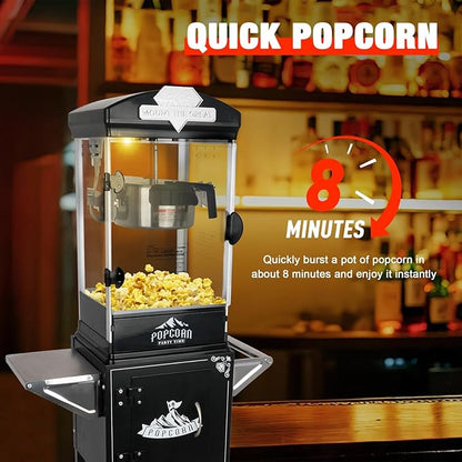 10oz Popcorn Machine with Cart, Wheels & Stainless Steel Kettle, Vintage Movie Theater Style, Popcorn Maker Machine for Parties, Events, Home & Commercial Use, Black
