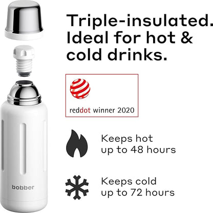 BOBBER 34 oz Stainless Steel Travel Thermos for Hot and Cold Drinks – Dishwasher Safe Metal Water Bottle with Cup Lid – Keeps Hot for 48 Hours – BPA-Free, Vacuum Insulated (White)