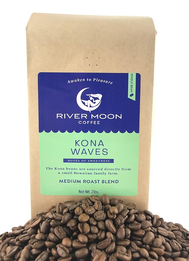 River Moon Coffee, Kona Coffee Whole Bean, Medium Roast, 2 lbs, Kona Waves Hawaiian Blend, Sustainably Farmed, 100% Arabica