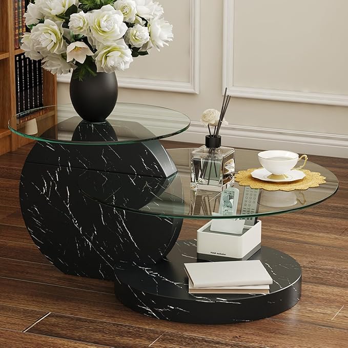35 Inch Glass Coffee Table，Round Coffee Table with 2-Tier Tempered Glass Tabletop，Easy to Clean Circle Coffee Table with Sturdy Base for Living Room，Office (Black Marble Colored Base