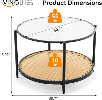 VINGLI 30" Round Coffee Table with Rattan Shelf, Glass Coffee Tables for Home Decor, Modern Coffe Table with 2-Tier Storage, Circle Center Table for Living Room, Office, Small Space, Black