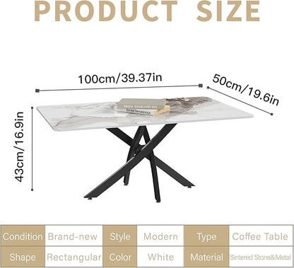 White Marble Coffee Table with Metal Legs, Rectangle Modern Sintered Stone Living Room Table for Home Office Living Room (40” x 20” x 17”)