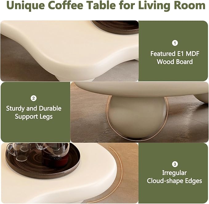 Cloud Coffee Table for Living Room with Round Corners Modern Style Center Table with 3 Ball-Shaped Legs Wood Tea Table for Small Space Apartment Easy Assembly (White W48 * D36 * H14inch)