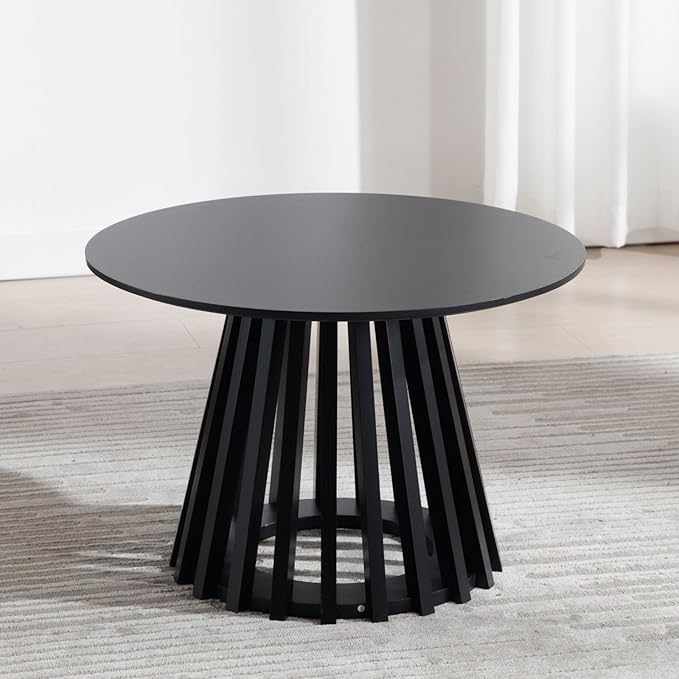 DUOMAY Modern Round Coffee Table with Unique Geometric Base, Sleek Black Wood Accent Table for Living Room, Office, Lounge, Black
