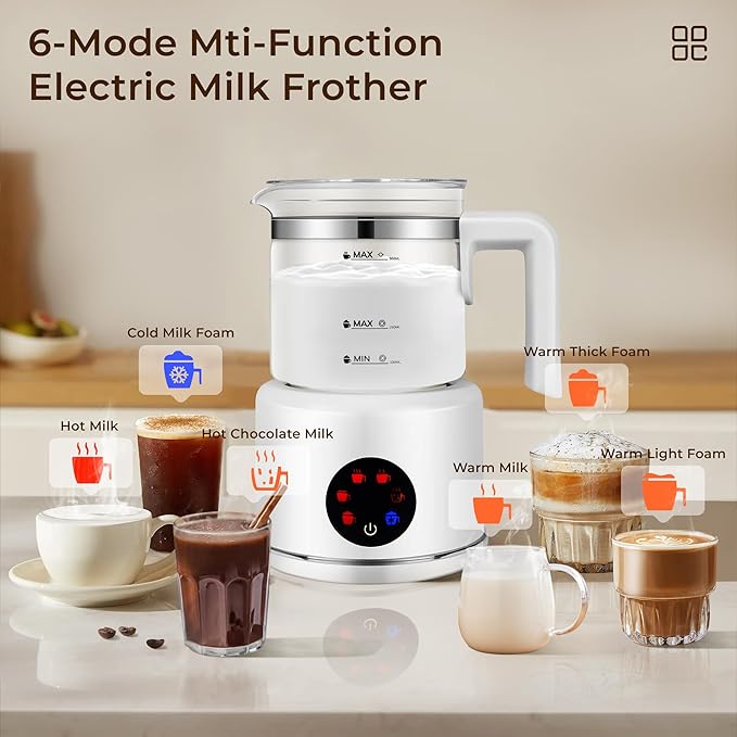 Electric Milk Frother, 6 in 1 Milk Steamer,17oz Automatic Warm and Cold Foam Maker for Coffee,Latte, Cappuccino, Macchiato, Hot Chocolate (White)