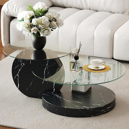 42 Inch Glass Coffee Table，Round Coffee Table with 2-Tier Tempered Glass Tabletop，Easy to Clean Circle Coffee Table with Sturdy Base for Living Room，Office (Black Marble Colored Base