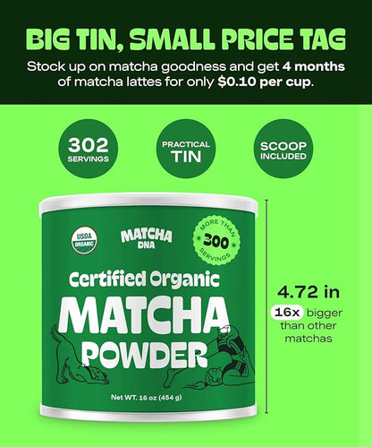 MATCHA DNA Certified Organic Matcha Green Tea Powder (16 oz TIN CAN)