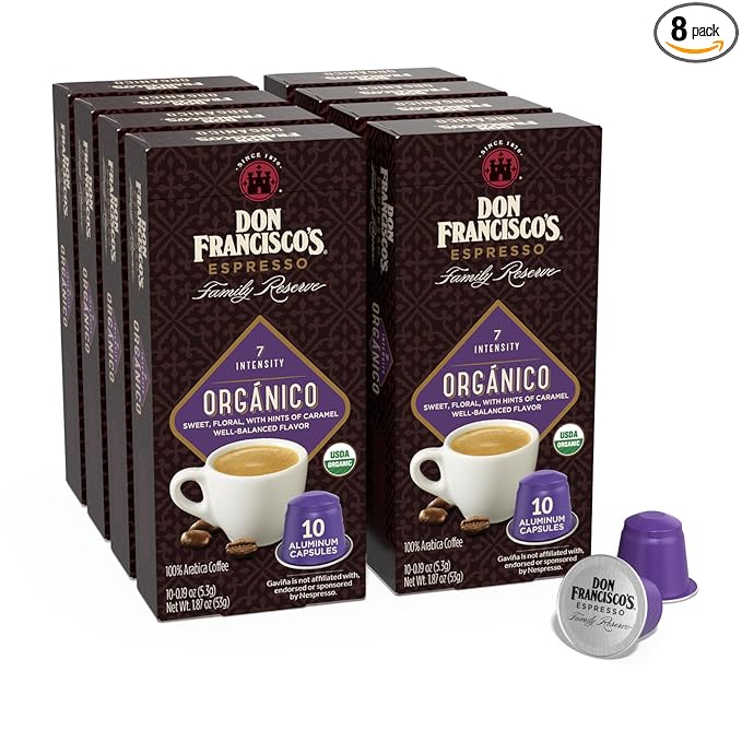 Don Francisco's Organico Espresso Pods: 80 Dark Roast Aluminum Capsules, Intensity 7, Compatible with Nespresso Original Line Machines - Bold Cuban-Style coffee with Caramel Notes
