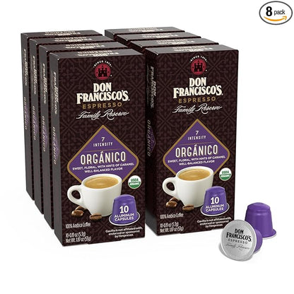 Don Francisco's Organico Espresso Pods: 80 Dark Roast Aluminum Capsules, Intensity 7, Compatible with Nespresso Original Line Machines - Bold Cuban-Style coffee with Caramel Notes