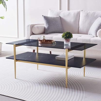 Rectangle Coffee Table for Living Room, Mid-Century Modern Design, L41 x W21 x H17, 2-Tier Structure, Clear Glass Top and Black Marble Wood Shelf, Conical Metal Legs with Gold Finish