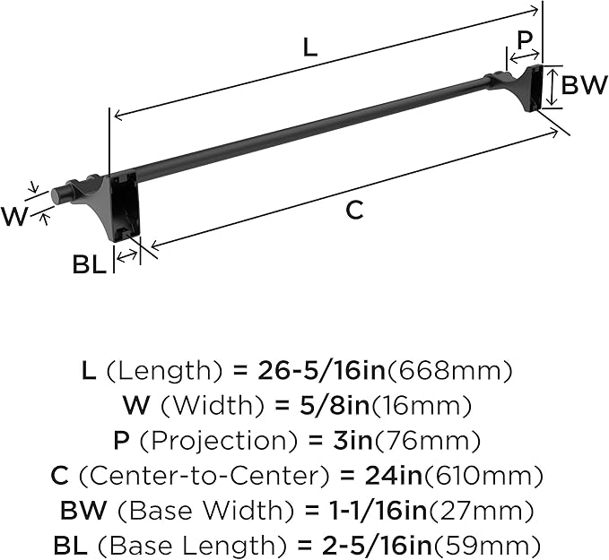 Amerock BH36054MB | Matte Black Towel Bar | 24 in (610 mm) Towel Rack | Davenport | Bathroom Towel Holder | Bathroom Hardware | Bath Accessories