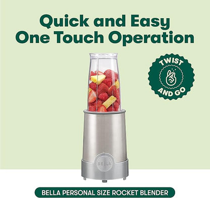 BELLA Personal Size Rocket Blender for Smoothies and Protein Shakes, Portable Juice Maker and Mini Food Processor and Grinder, 12 Piece, BPA Free Accessories, 240 W, Stainless Steel