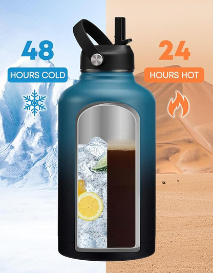 Stainless Steel 64 oz Wide Mouth Water Bottle - Keeps Ice Cold Up to 48H & Hot Up to 24H, Double-wall Metal Water Jug with Paracord Handle & Protective Boot