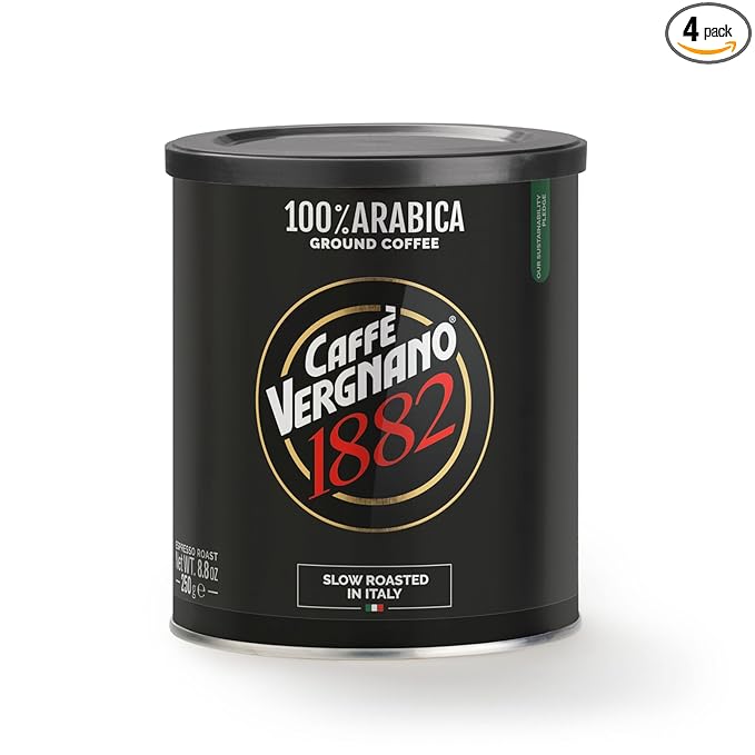 Caffè Vergnano Italian Finely Ground Espresso Coffee, 4 Pack – 100% Arabica for Moka, Intensity 4 – Sweet & Balanced Blend Slow Roasted with Notes of Chocolate, Hazelnut, Caramel, 8.82 oz Tin