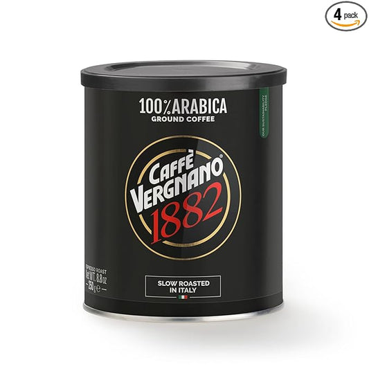 Caffè Vergnano Italian Finely Ground Espresso Coffee, 4 Pack – 100% Arabica for Moka, Intensity 4 – Sweet & Balanced Blend Slow Roasted with Notes of Chocolate, Hazelnut, Caramel, 8.82 oz Tin