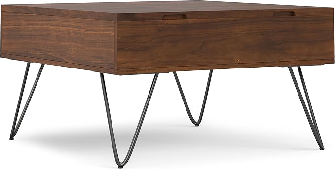 SIMPLIHOME Hunter Lift Top Coffee Table - 32 inch Wide Solid Walnut Veneer and Metal Industrial Square Cocktail Table, Living Room Table with Dual Lift Tops, Hidden Storage and Hairpin Legs