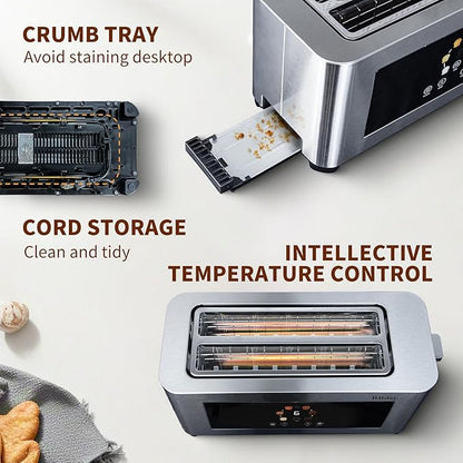 Touch Screen Smart Toaster 4 Slice, LCD Display, 1.6" Long Slot Toaster with 6 Shade Settings, Defrost, Reheat & Removable Tray, Wide Slot for Long Bread, Bagels, Waffles, 1300W, Stainless Steel