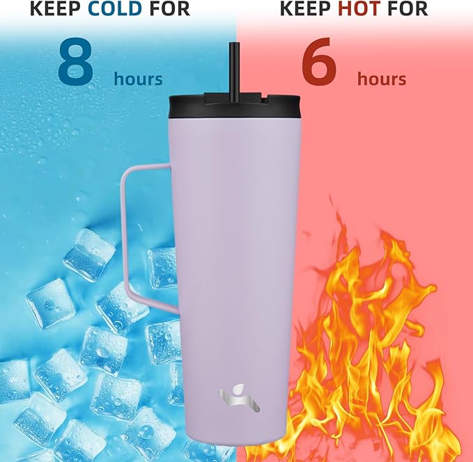 Insulated Tumbler with Handle and Straw, 26 OZ Travel Coffee Mug Stainless Steel Cup Metal Water Bottle,Taro