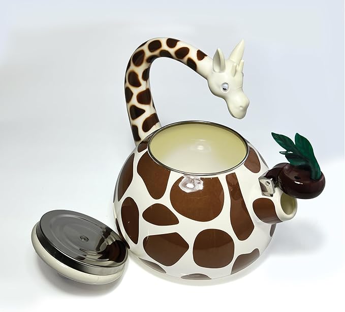 Trenton Gifts Giraffe Design Whistling Tea Kettle - Enamel on Steel Teakettle for Stove Top - Cute Kitchen Accessories - 2.1 Quart
