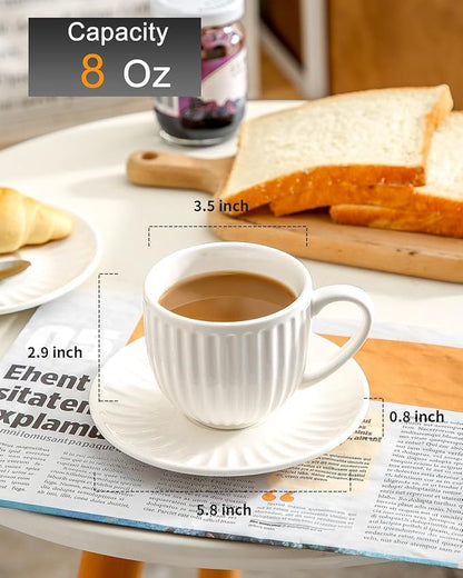 Ceramic Espresso Cups with Saucers 8 Oz,Set of 4 Porcelain Demitasse Cups Set,Small Coffee Cups with Handle for Coffee,Tea,Latte and Macchiato,Cappuccino Mugs for Kitchen and Cafe,White