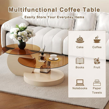 42 Inch Glass Coffee Table，Round Coffee Table with 2-Tier Tempered Glass Tabletop，Easy to Clean Circle Coffee Table with Sturdy Base for Living Room，Office （ Cream White Colored Base）