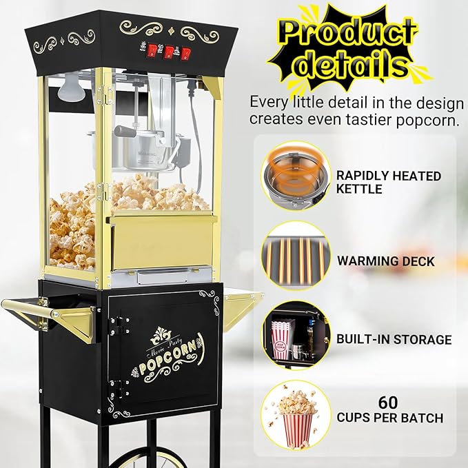Vintage Popcorn Machine with Cart, 12oz Popper Stainless-Steel Kettle & Warming Light, Makes Up to 60 Cups, Ideal for Family Gatherings, Movie Theaters & Amusement Parks, Black&Gold