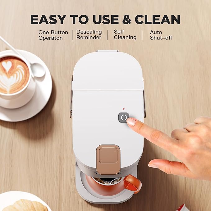 Single Serve One Cup Coffee Maker, for K Cups and Grounds, Mini Coffee Maker with Portable Handle, 6 to 12 Oz Brew Size, for Travel, Camping, Office, RV and Dorm, 120V, White and Brown