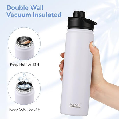 HASLE OUTFITTERS Insulated Water Bottle 22 oz Double Wall Stainless Steel Water Bottle Wide Mouth with Straw Lid & Spout Lid Keeps Cold or Hot(White,1)