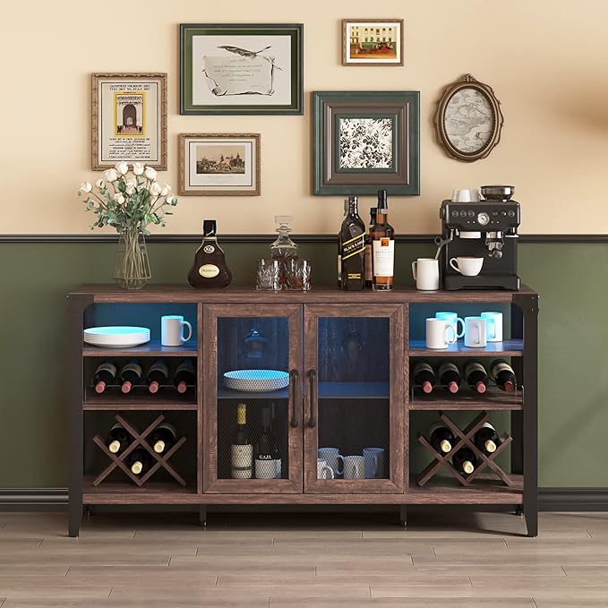 Vabches 58" Wine Bar with Wine Rack Storage,Alcohol Cabinet with LED Strip, Liquor Cabinet Bar for Home Dining Room, Sideboard Buffet with Storage