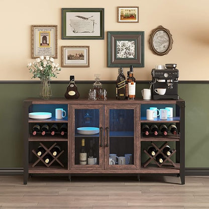 Vabches 58" Wine Bar with Wine Rack Storage,Alcohol Cabinet with LED Strip, Liquor Cabinet Bar for Home Dining Room, Sideboard Buffet with Storage