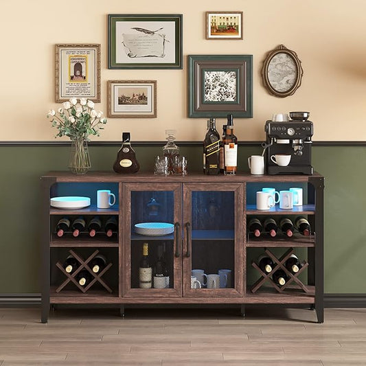 Vabches 58" Wine Bar with Wine Rack Storage,Alcohol Cabinet with LED Strip, Liquor Cabinet Bar for Home Dining Room, Sideboard Buffet with Storage