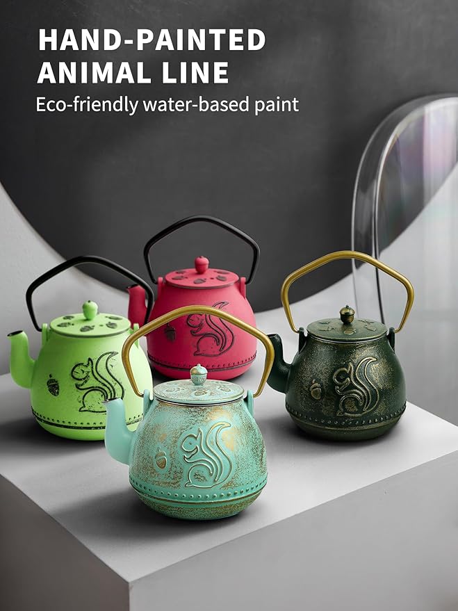 Toptier Teapot with Removable Infuser, Cast Iron Tea Kettle Stovetop Safe, Squirrel Design Tea Pot Coated with Enameled Interior for 32 Ounce (950 ml), Aqua